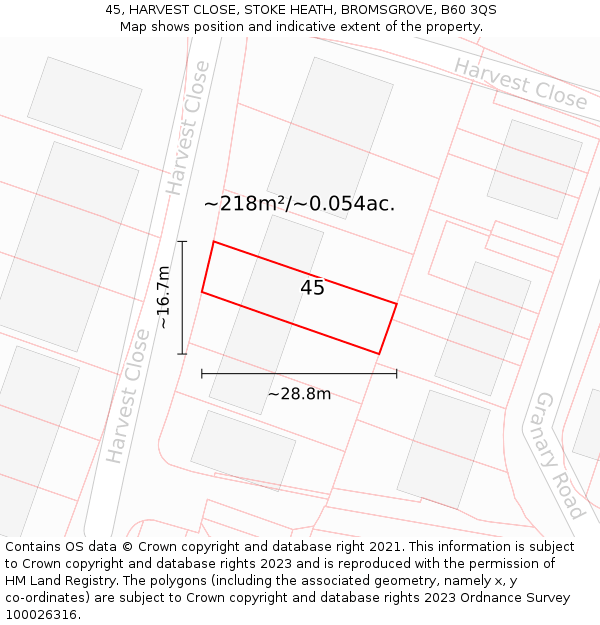45, HARVEST CLOSE, STOKE HEATH, BROMSGROVE, B60 3QS: Plot and title map