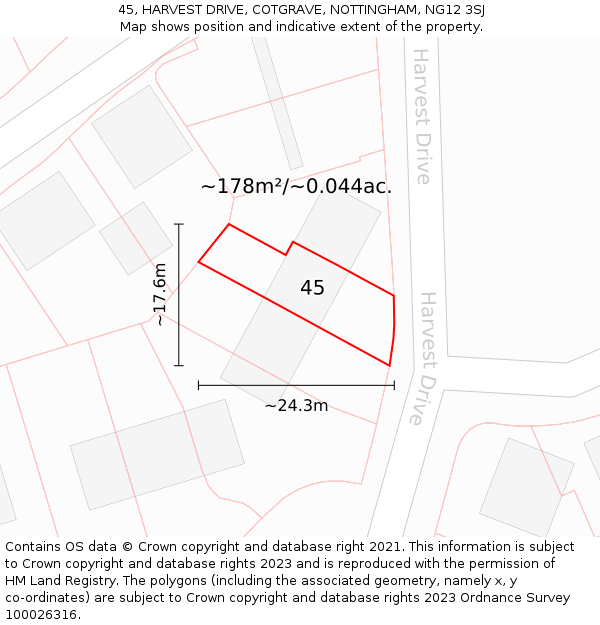 45, HARVEST DRIVE, COTGRAVE, NOTTINGHAM, NG12 3SJ: Plot and title map