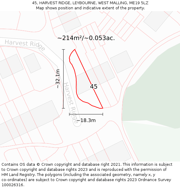 45, HARVEST RIDGE, LEYBOURNE, WEST MALLING, ME19 5LZ: Plot and title map