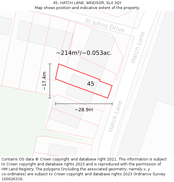 45, HATCH LANE, WINDSOR, SL4 3QY: Plot and title map