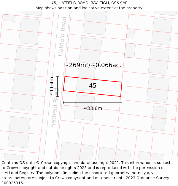 45, HATFIELD ROAD, RAYLEIGH, SS6 9AP: Plot and title map