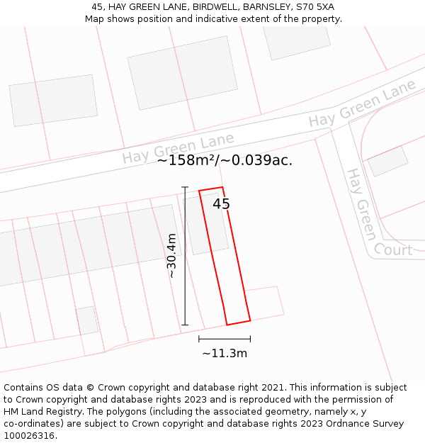 45, HAY GREEN LANE, BIRDWELL, BARNSLEY, S70 5XA: Plot and title map