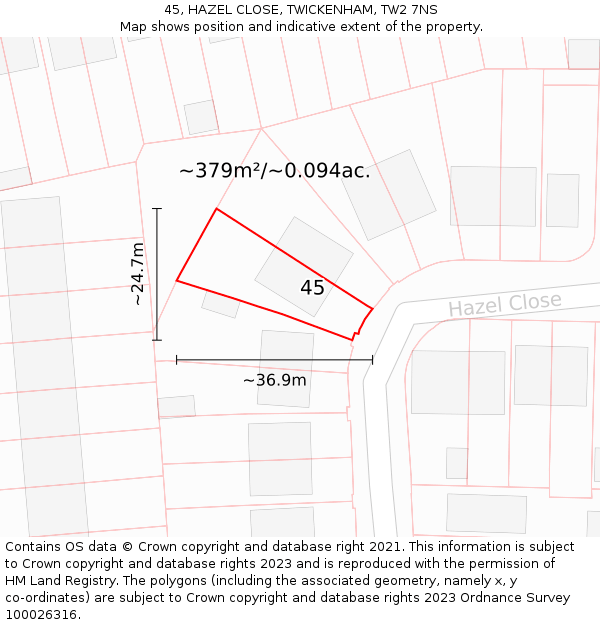 45, HAZEL CLOSE, TWICKENHAM, TW2 7NS: Plot and title map