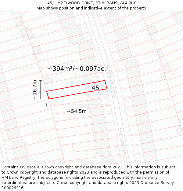 45, HAZELWOOD DRIVE, ST ALBANS, AL4 0UP: Plot and title map