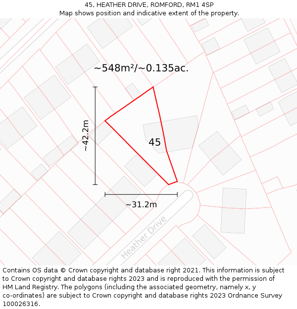 45, HEATHER DRIVE, ROMFORD, RM1 4SP: Plot and title map