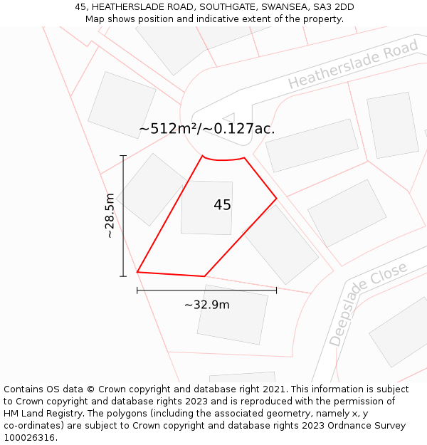 45, HEATHERSLADE ROAD, SOUTHGATE, SWANSEA, SA3 2DD: Plot and title map