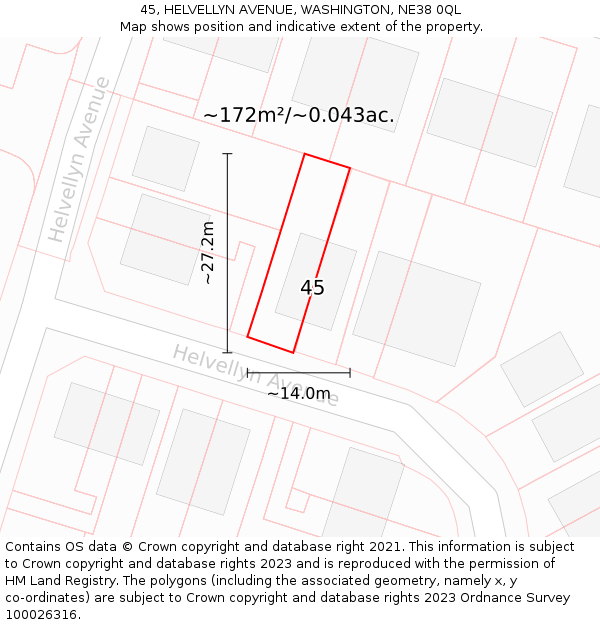 45, HELVELLYN AVENUE, WASHINGTON, NE38 0QL: Plot and title map