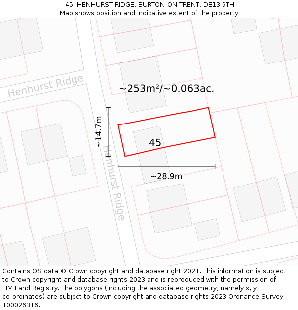 45, HENHURST RIDGE, BURTON-ON-TRENT, DE13 9TH: Plot and title map