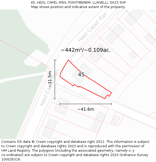 45, HEOL CAPEL IFAN, PONTYBEREM, LLANELLI, SA15 5HF: Plot and title map