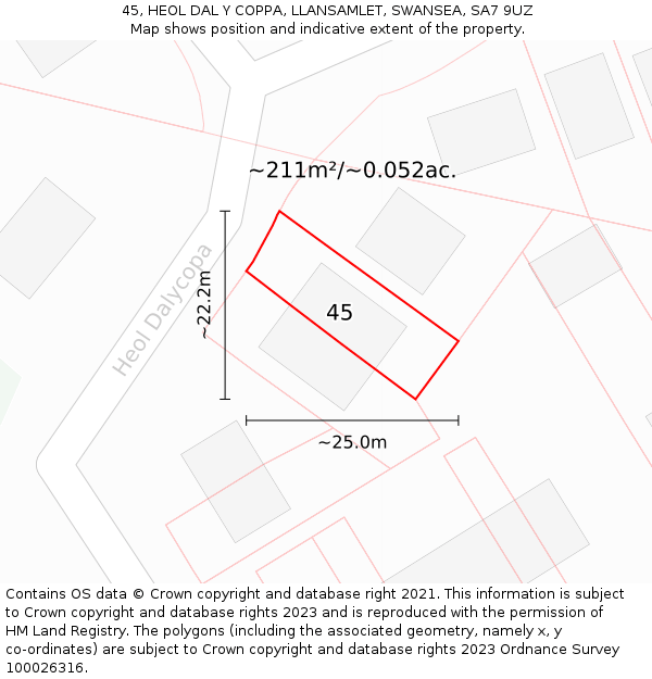 45, HEOL DAL Y COPPA, LLANSAMLET, SWANSEA, SA7 9UZ: Plot and title map