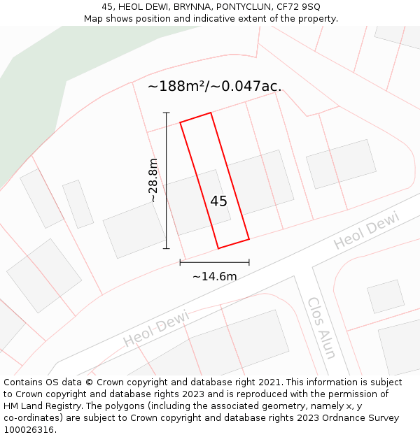 45, HEOL DEWI, BRYNNA, PONTYCLUN, CF72 9SQ: Plot and title map