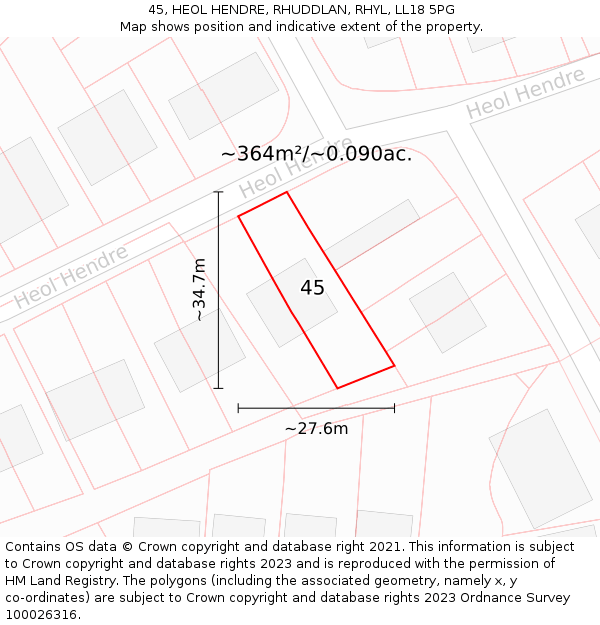 45, HEOL HENDRE, RHUDDLAN, RHYL, LL18 5PG: Plot and title map