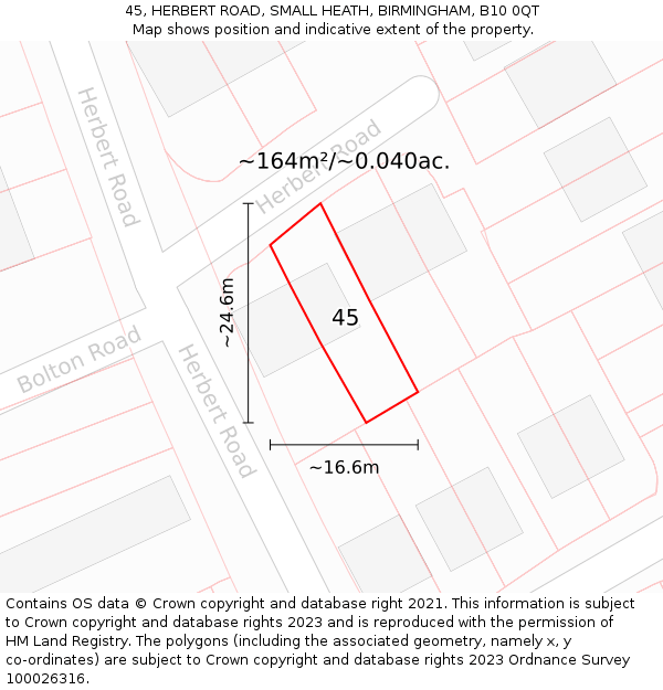 45, HERBERT ROAD, SMALL HEATH, BIRMINGHAM, B10 0QT: Plot and title map
