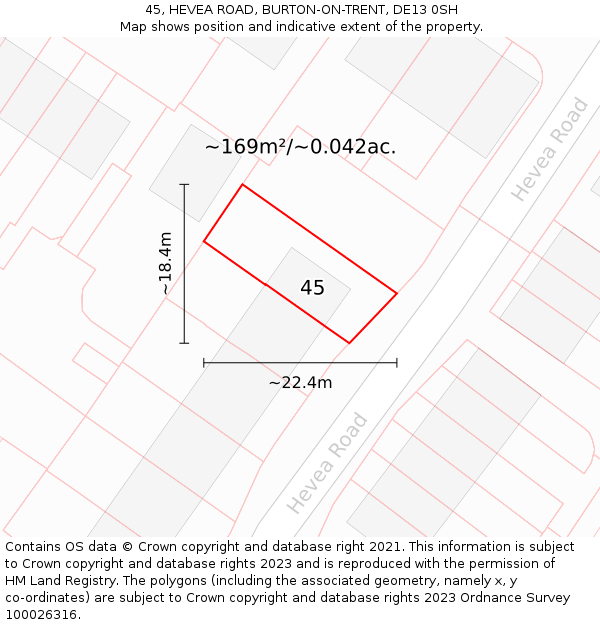 45, HEVEA ROAD, BURTON-ON-TRENT, DE13 0SH: Plot and title map