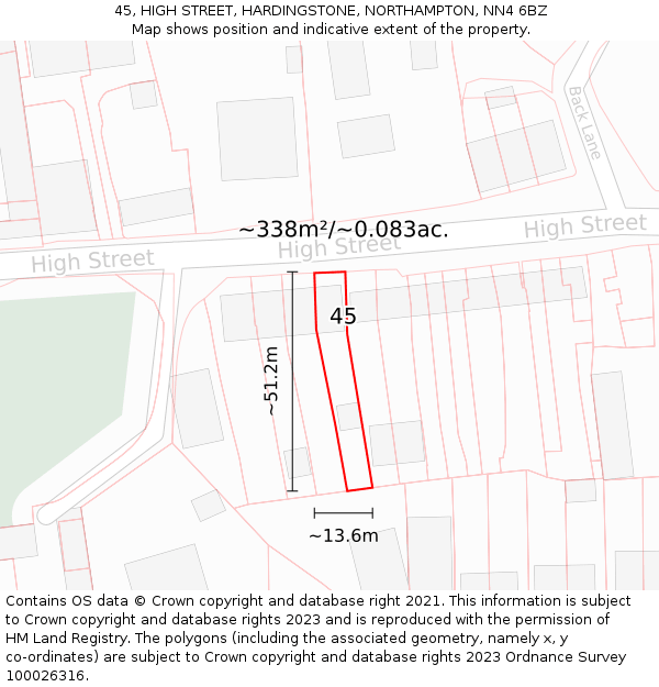 45, HIGH STREET, HARDINGSTONE, NORTHAMPTON, NN4 6BZ: Plot and title map
