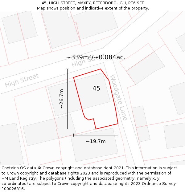 45, HIGH STREET, MAXEY, PETERBOROUGH, PE6 9EE: Plot and title map