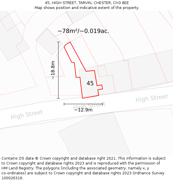 45, HIGH STREET, TARVIN, CHESTER, CH3 8EE: Plot and title map