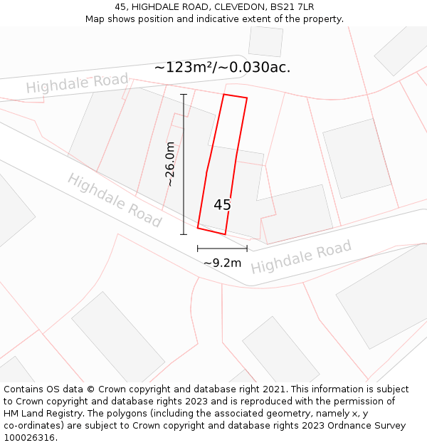 45, HIGHDALE ROAD, CLEVEDON, BS21 7LR: Plot and title map