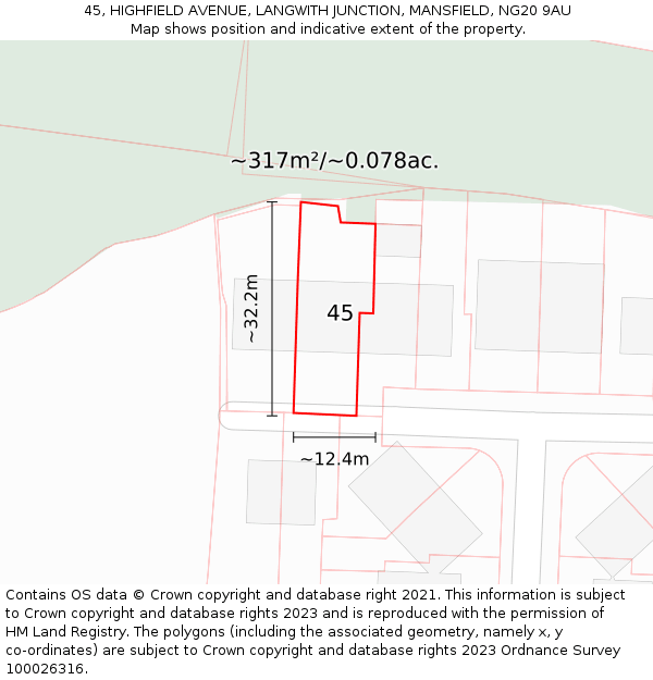 45, HIGHFIELD AVENUE, LANGWITH JUNCTION, MANSFIELD, NG20 9AU: Plot and title map