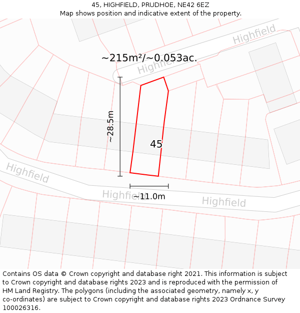 45, HIGHFIELD, PRUDHOE, NE42 6EZ: Plot and title map