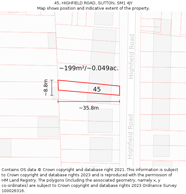 45, HIGHFIELD ROAD, SUTTON, SM1 4JY: Plot and title map