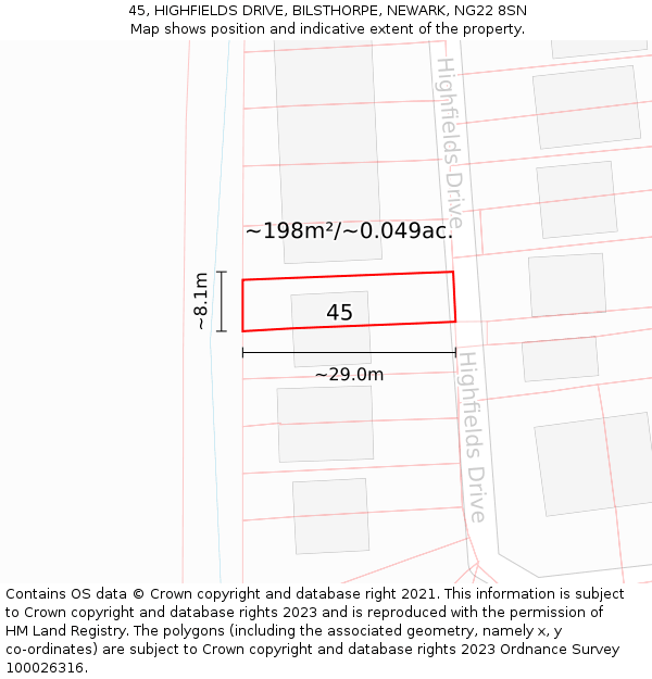 45, HIGHFIELDS DRIVE, BILSTHORPE, NEWARK, NG22 8SN: Plot and title map