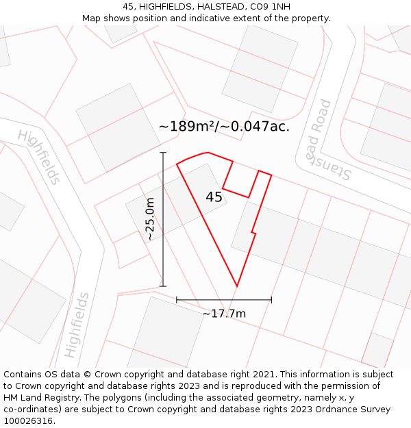 45, HIGHFIELDS, HALSTEAD, CO9 1NH: Plot and title map