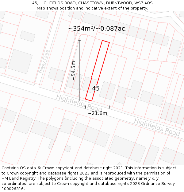 45, HIGHFIELDS ROAD, CHASETOWN, BURNTWOOD, WS7 4QS: Plot and title map
