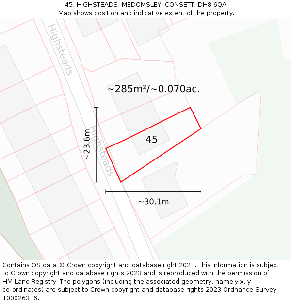 45, HIGHSTEADS, MEDOMSLEY, CONSETT, DH8 6QA: Plot and title map