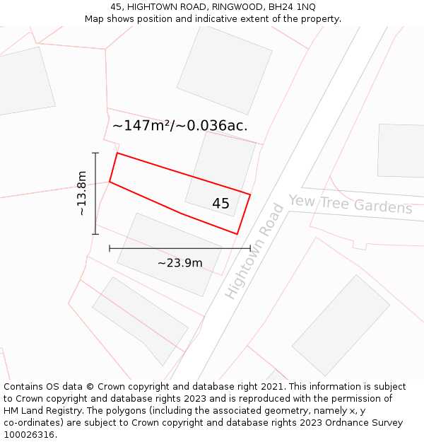45, HIGHTOWN ROAD, RINGWOOD, BH24 1NQ: Plot and title map