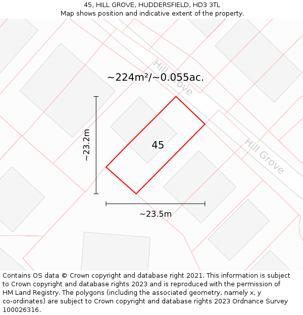 45, HILL GROVE, HUDDERSFIELD, HD3 3TL: Plot and title map