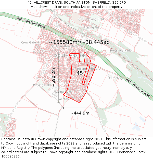 45, HILLCREST DRIVE, SOUTH ANSTON, SHEFFIELD, S25 5FQ: Plot and title map