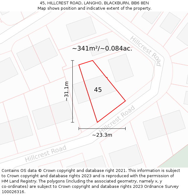 45, HILLCREST ROAD, LANGHO, BLACKBURN, BB6 8EN: Plot and title map