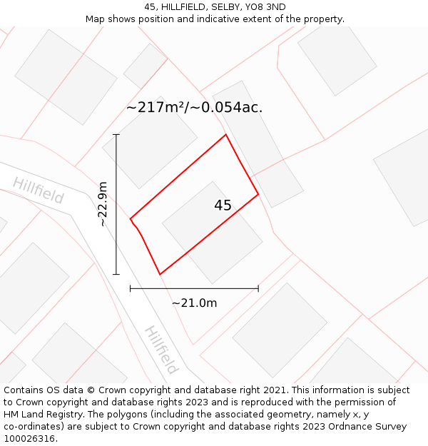 45, HILLFIELD, SELBY, YO8 3ND: Plot and title map