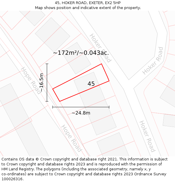 45, HOKER ROAD, EXETER, EX2 5HP: Plot and title map