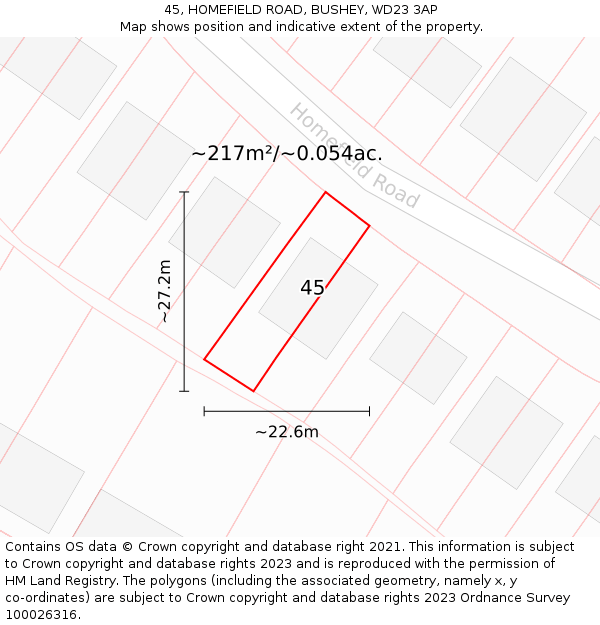 45, HOMEFIELD ROAD, BUSHEY, WD23 3AP: Plot and title map