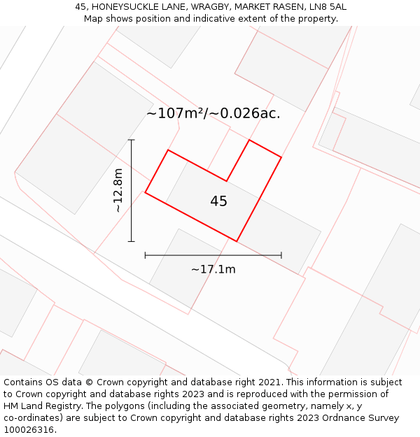 45, HONEYSUCKLE LANE, WRAGBY, MARKET RASEN, LN8 5AL: Plot and title map