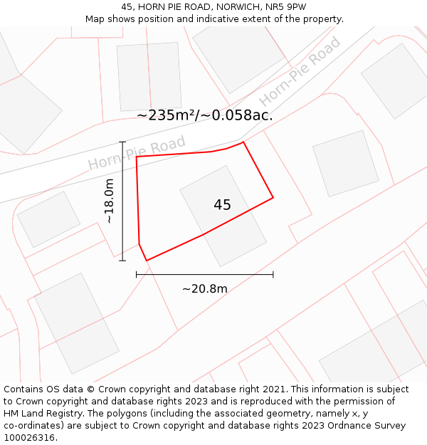 45, HORN PIE ROAD, NORWICH, NR5 9PW: Plot and title map