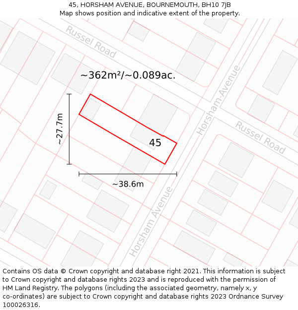 45, HORSHAM AVENUE, BOURNEMOUTH, BH10 7JB: Plot and title map