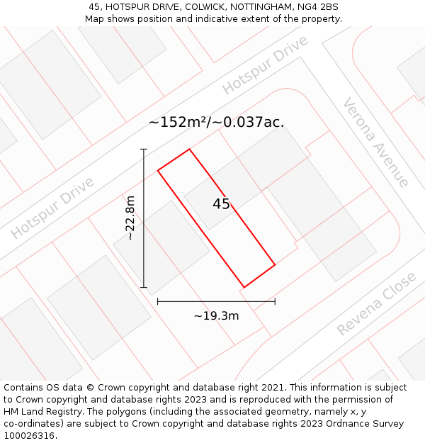 45, HOTSPUR DRIVE, COLWICK, NOTTINGHAM, NG4 2BS: Plot and title map