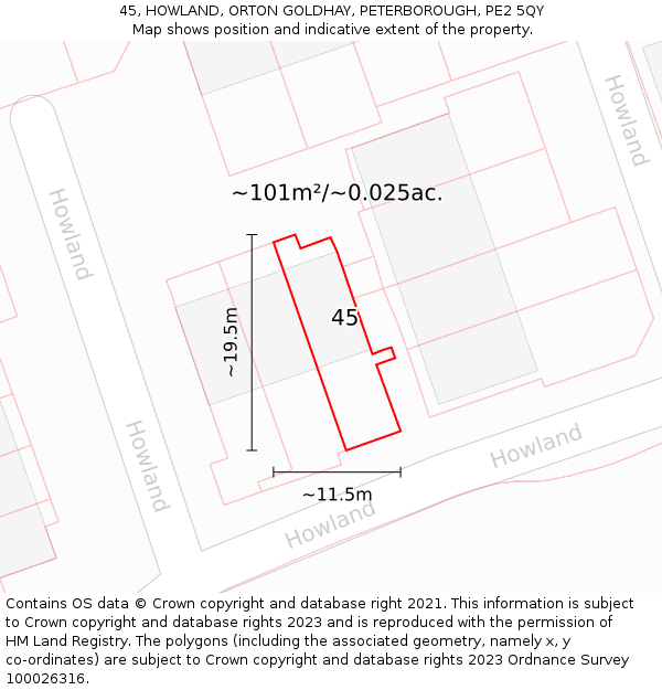 45, HOWLAND, ORTON GOLDHAY, PETERBOROUGH, PE2 5QY: Plot and title map