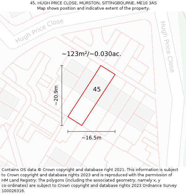 45, HUGH PRICE CLOSE, MURSTON, SITTINGBOURNE, ME10 3AS: Plot and title map