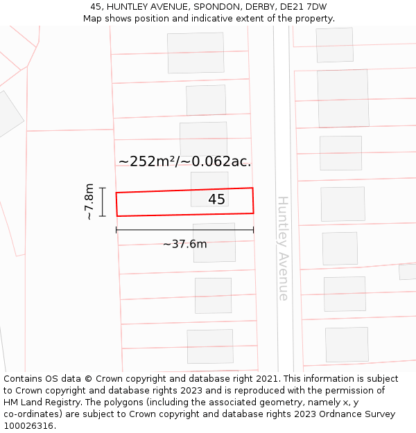45, HUNTLEY AVENUE, SPONDON, DERBY, DE21 7DW: Plot and title map