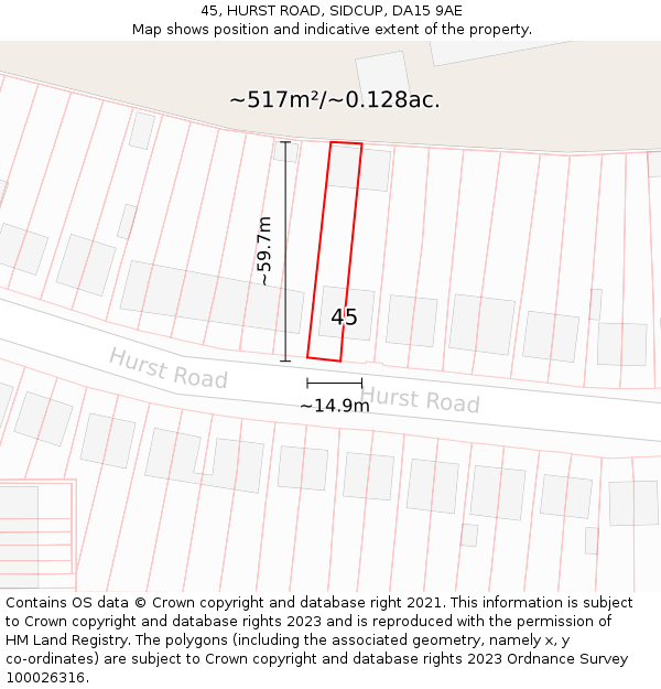 45, HURST ROAD, SIDCUP, DA15 9AE: Plot and title map