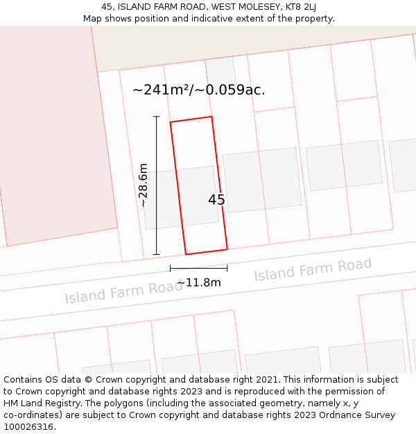 45, ISLAND FARM ROAD, WEST MOLESEY, KT8 2LJ: Plot and title map