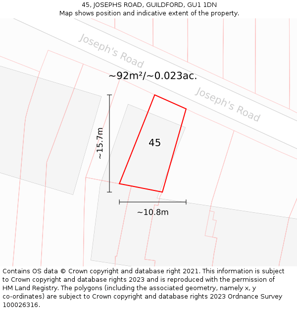 45, JOSEPHS ROAD, GUILDFORD, GU1 1DN: Plot and title map