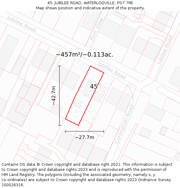 45, JUBILEE ROAD, WATERLOOVILLE, PO7 7RE: Plot and title map