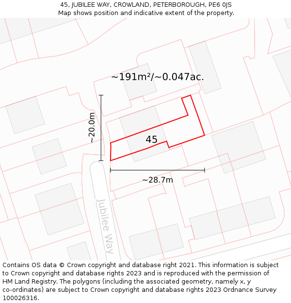 45, JUBILEE WAY, CROWLAND, PETERBOROUGH, PE6 0JS: Plot and title map