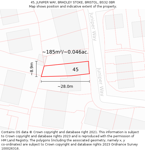 45, JUNIPER WAY, BRADLEY STOKE, BRISTOL, BS32 0BR: Plot and title map