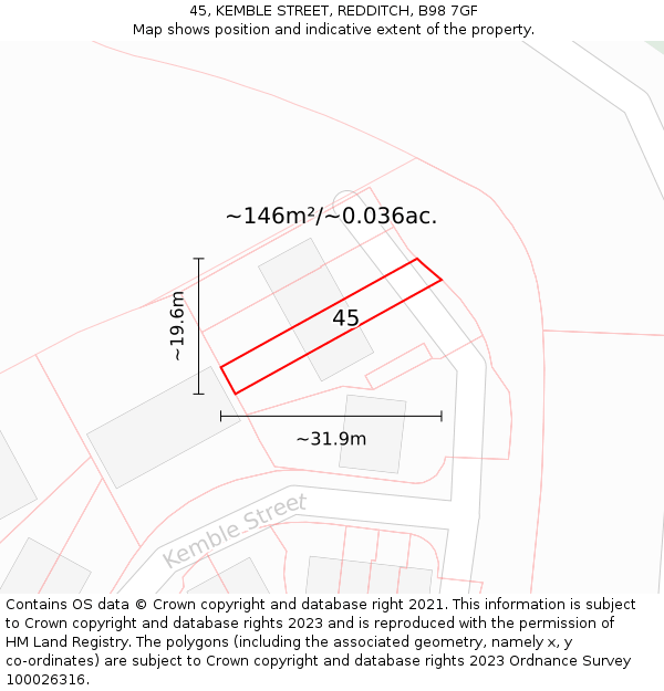 45, KEMBLE STREET, REDDITCH, B98 7GF: Plot and title map